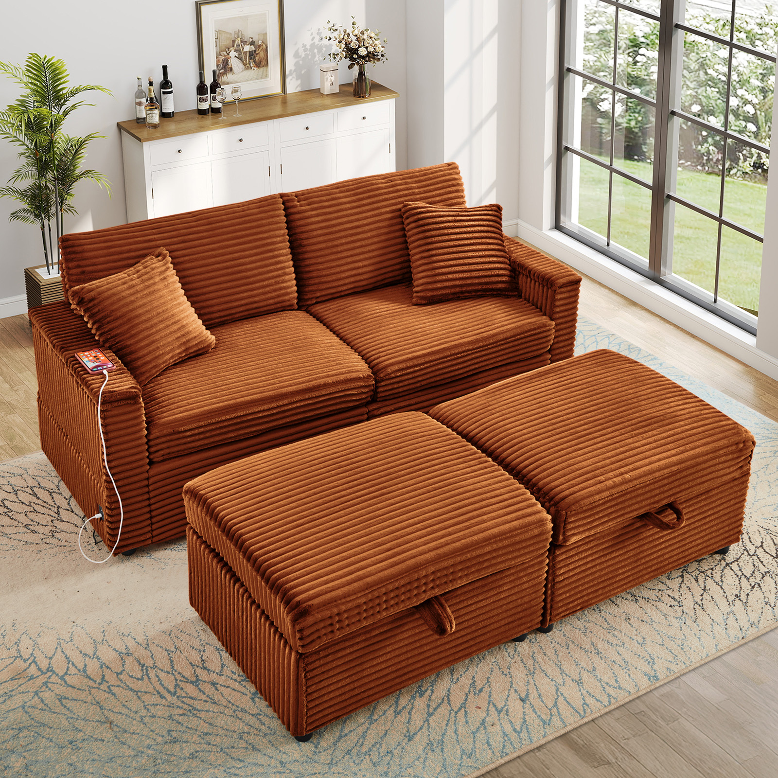 Muumblus Loveseat Sectional Sofa with 2 Storage Ottomans, Modular Cloud Couch with 2 Side Tables & USB, Plush Double Chaise Lounge Sofa Bed Indoor, Orange Corduroy