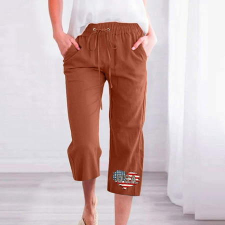 Kiplyki Wholesale Womens Capris Printing Elastic Loose Pants Straight Wide Leg Trousers With Pocket