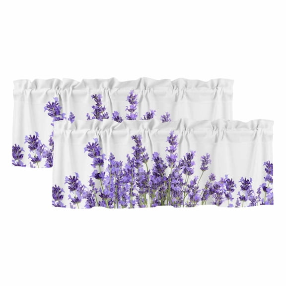 Spring Purple Lavender Curtain Valances for Windows, Kitchen Valance Window Treatments Panel 2 Pack, Pastoral Botanical Floral Botanical Rod Pocket Short Curtains for Bathroom Bedroom 54 x 18 Inch