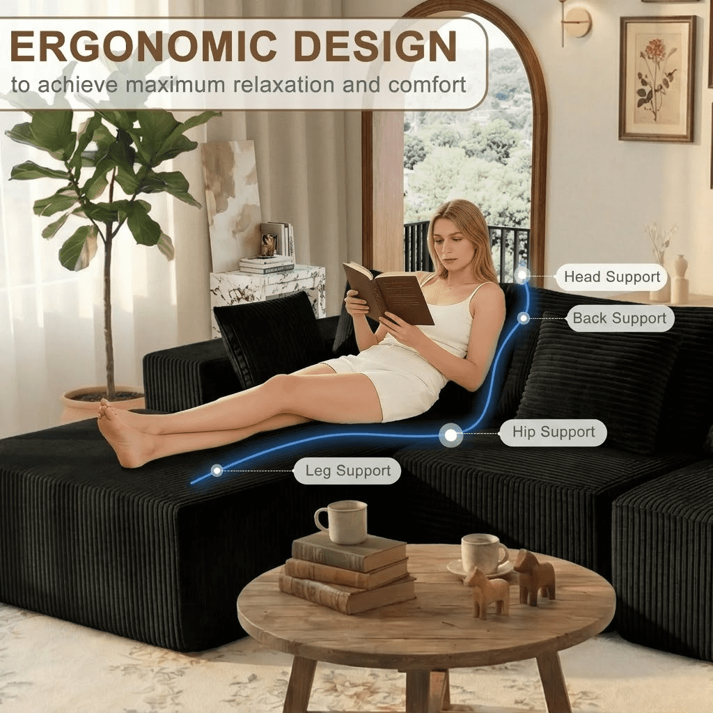 Howcool 104" Cloud Sectional Sofa, Oversized Boneless Modular L-Shaped Couch with Deep Seat & Oversized Chaise, Memory Foam Compression Sofa, No Assembly for Living Room Apartment,Black
