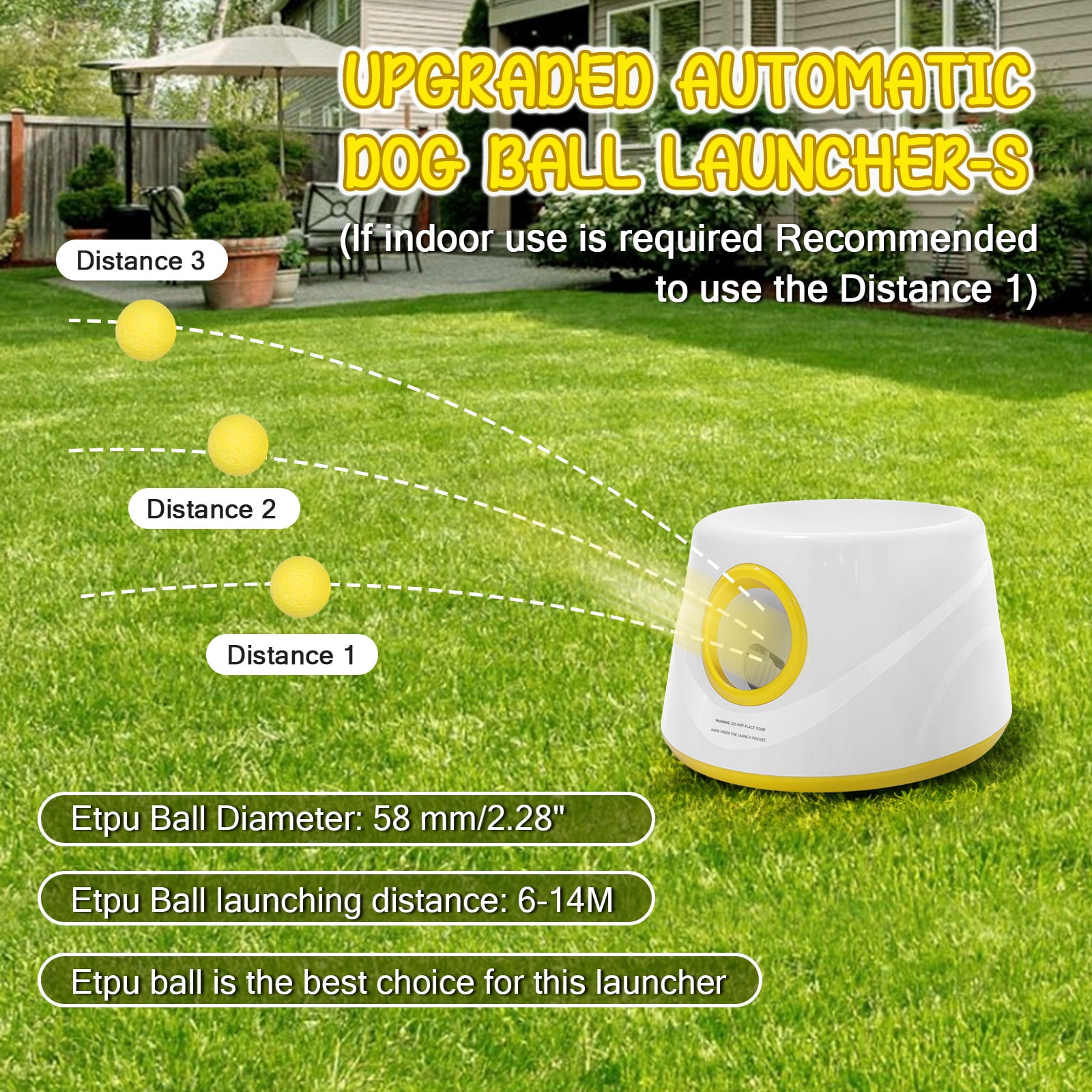 Eurhowing Automatic Ball Launcher for Dogs, Interactive Fetch Machine with 3-Level Distance(20-46ft) & 5 Balls, Dog Ball Thrower for Indoor & Outdoor Play, Yellow