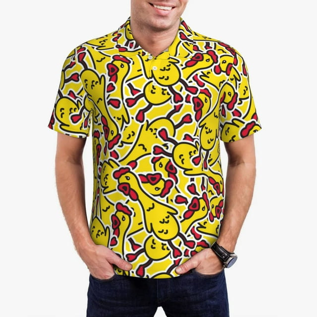 Fotbe Chicken Cartoon Camiseta Polo de Golf para Hombre con Estampado – Camisa Deportiva Transpirable con Cuello Abotonado-Small