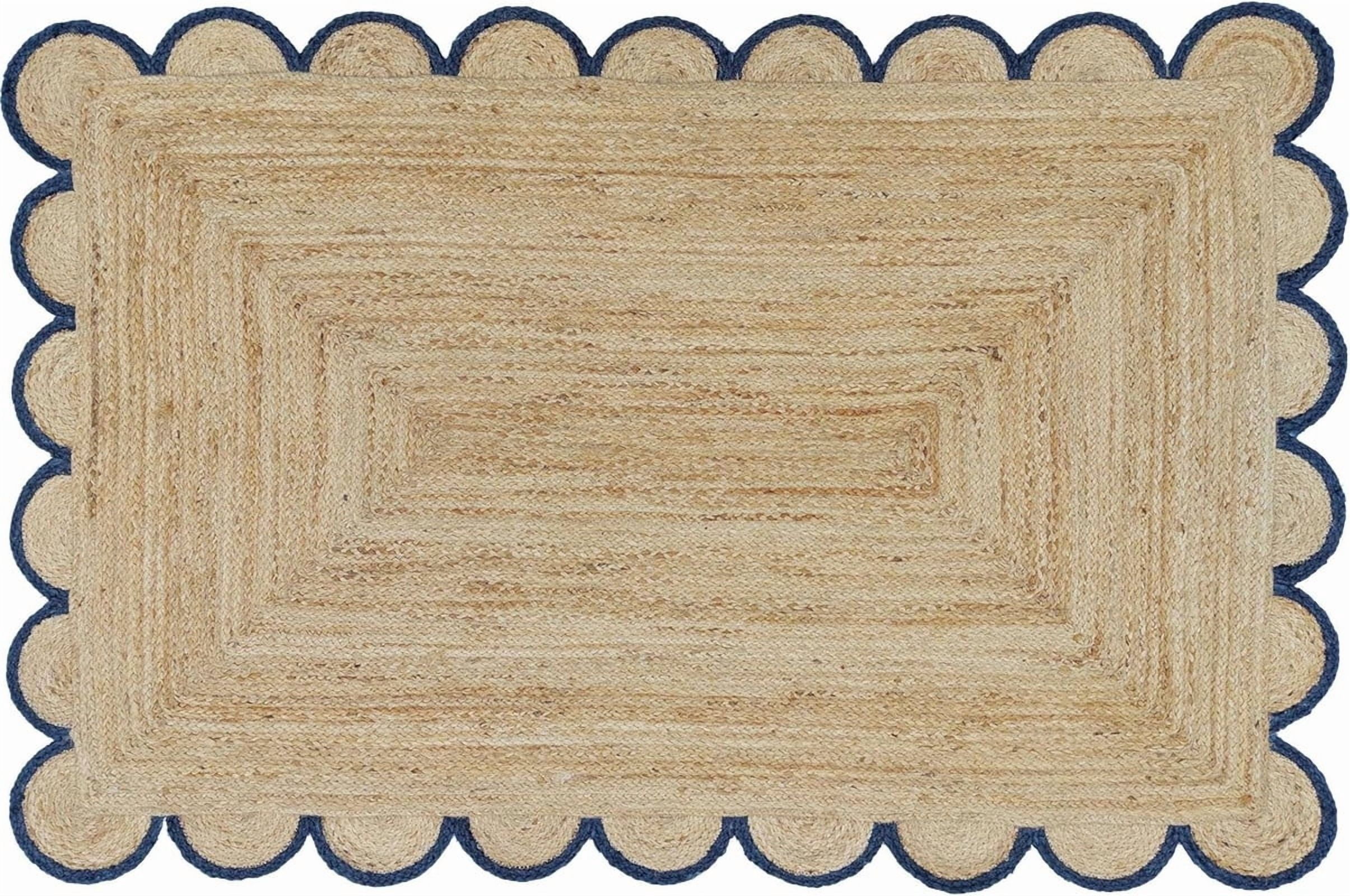 2x7 Ft Navy Blue Border Premium Scalloped Jute Rug – Handcrafted Natural Braided Carpet for Living Room, Bedroom, Entryway, Boho Home Decor
