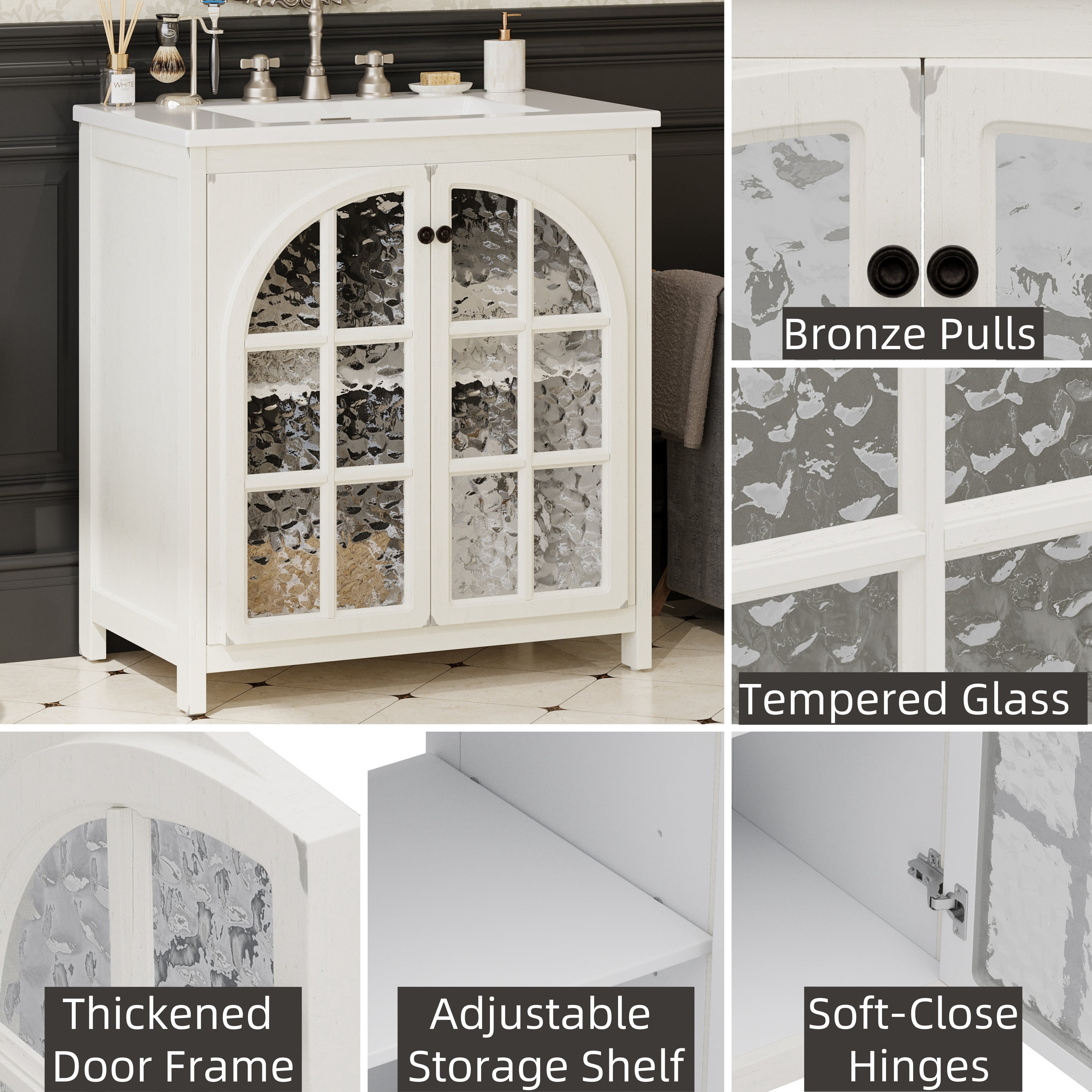 Euroco 31" Farmhouse Bathroom Vanity with Ceramic Sink, Vintage Rustic Bathroom Cabinet with Bronze Pulls and 2 Soft-Closing Doors, Antique White