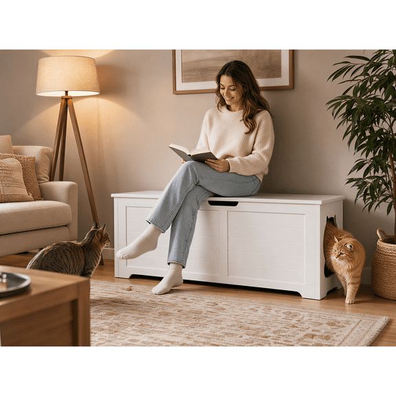 HOQBN 39.4" Cat Litter Box Enclosure,Hidden Litter Box Furniture Freestanding Pet Washroom Cabinet, Decorative Indoor Pet Side Table Fits Most Standard,White