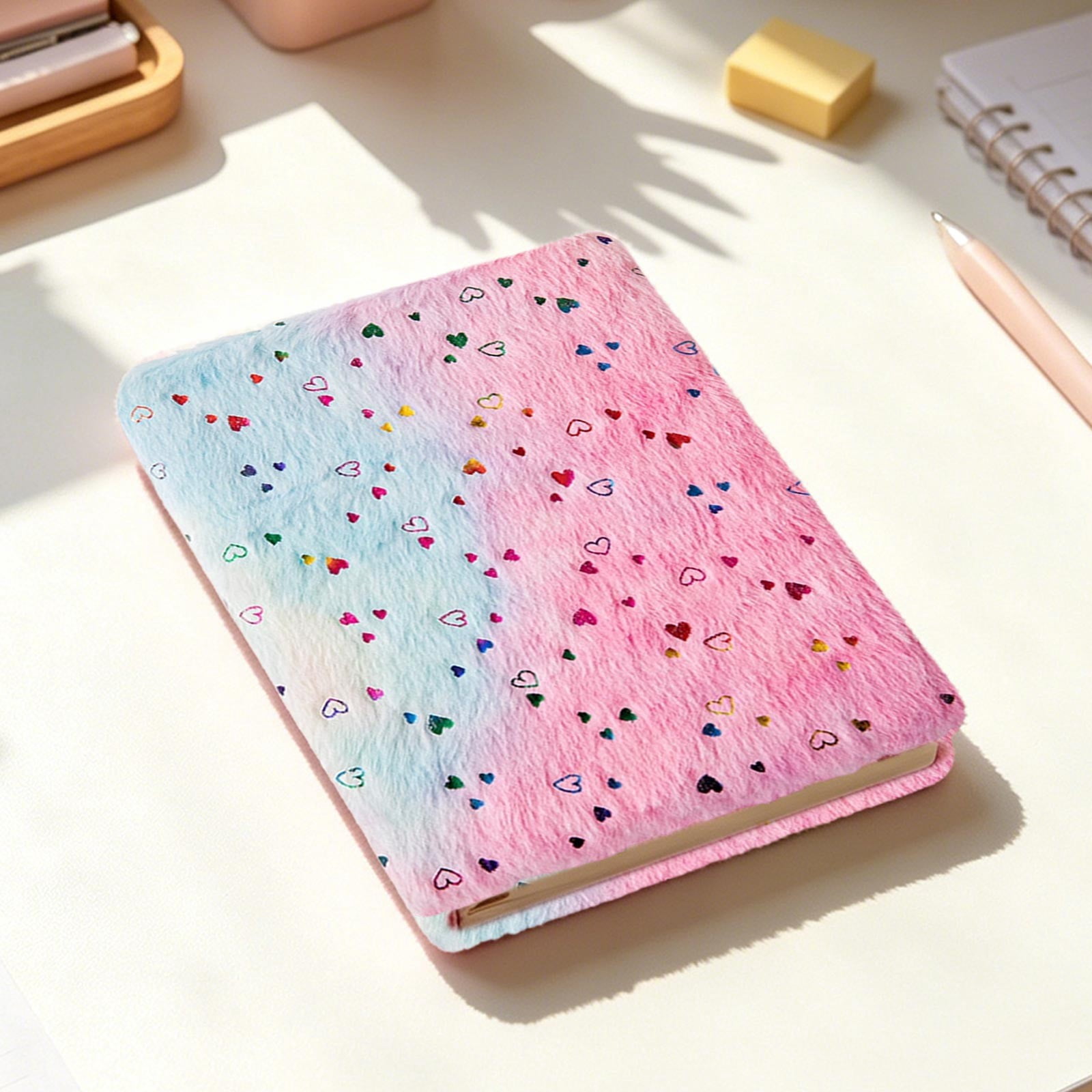 Roiihwy Plushes Cover Notebook 8.3x5.9in, Fluffy Journal for Writing, Birthday Gift for Classroom Essentials, MulticolorB