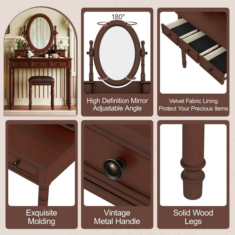 Euroco Vintage Wooden Vanity Desk Set with Adjustable Mirror, Cushioned Stool & 5 Velvet-Lined Drawers, Solid Wood Makeup Table with Oval Mirror and