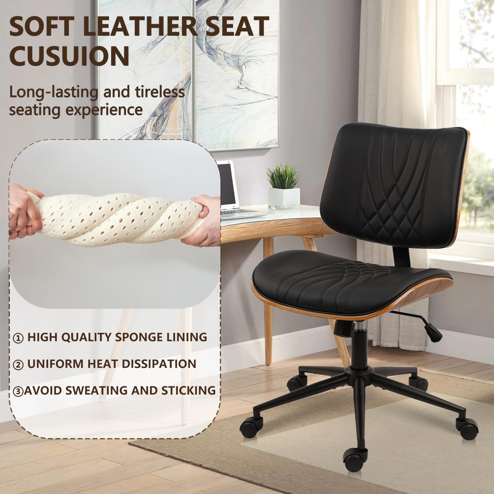 CLATINA Armless Home Office Chair, Desk Chair with Wheels, Adjustable Height Reading Chair, Leather Mid Back & Swivel Computer Chair, Modern Walnut Chairs with Back for Studio Meeting Room(Black)