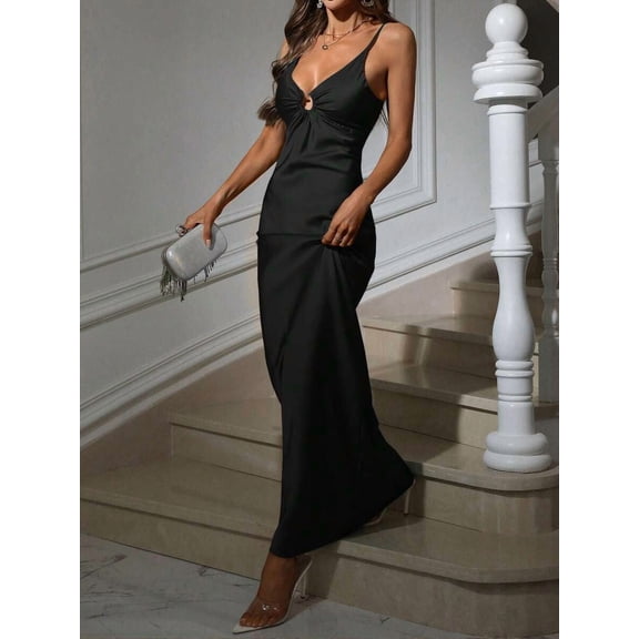 Chiquease Ruffled V‑Neck Hollow‑Out Spaghetti‑Strap Long Party Dress, Elegant Slip Gown for Holiday, Birthday and Formal Occasions