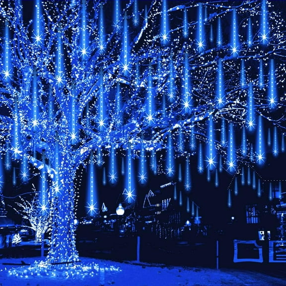 YSPUKY Christmas Lights Outdoor 192 LED 8 Tubes 12" Snowfall Fairy Lights, String Lights for Outside Garden House Window Xmas Decoration Meteor Shower Lights Falling Rain Drop Icicle Lights, Blue