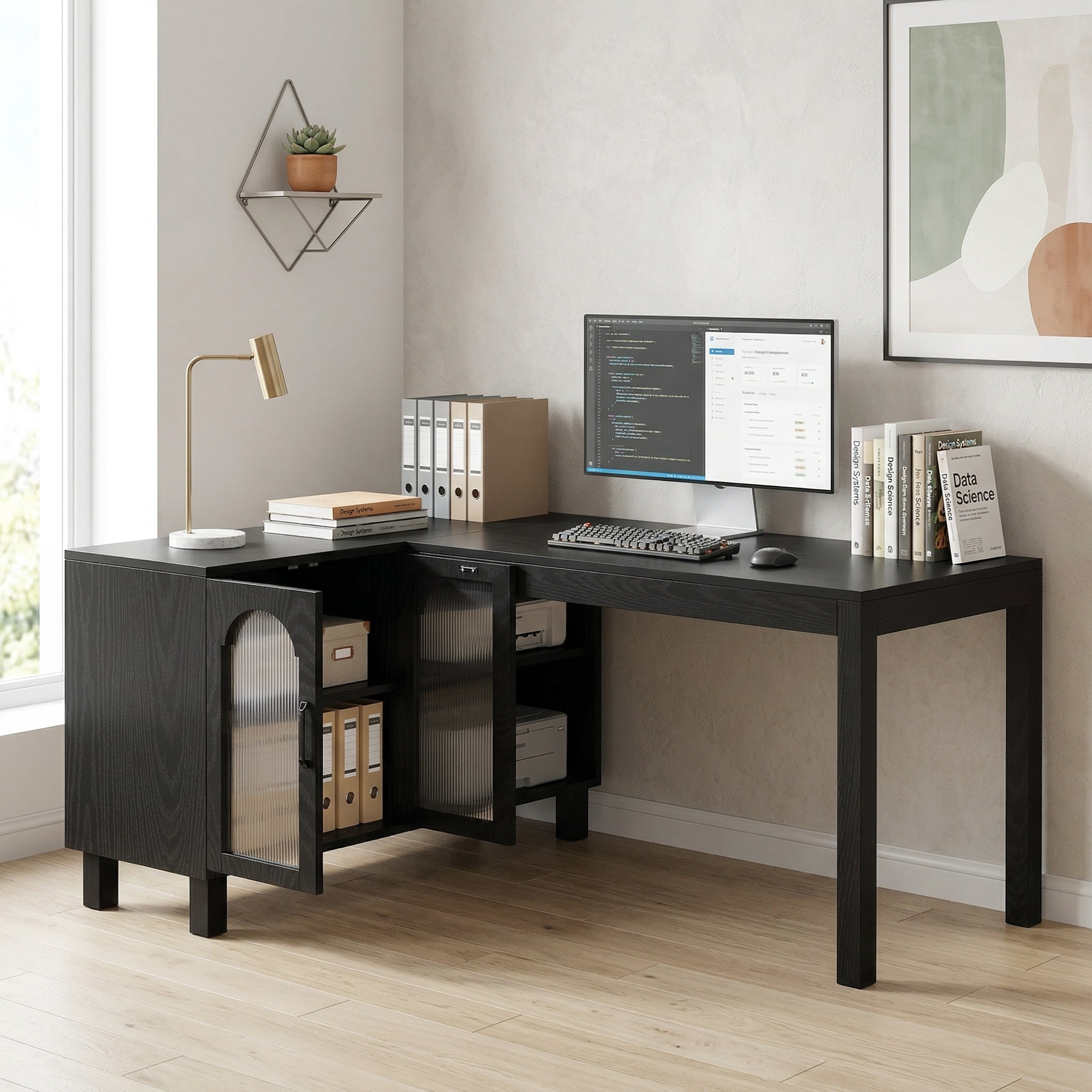 Fnova 59" L Shaped Computer Gaming Desk, Office Desk Writing Table Workstation, Executive Desk with 4 Storage Shelves, for Home Office, Black