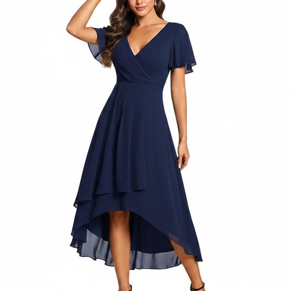 NTACZA Summer Dresses for Women Flowy Dressy Wedding Guest Dress Midi Faux-Wrap Short Sleeve V-Neck Size L