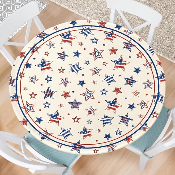 American Flag Stars Round Fitted Tablecloth with Elastic 4th of July Outdoor Tablecloth Waterproof Table Cover for Picnic Dinner Party Decor Fits 44"-48" Diameter Round Tables