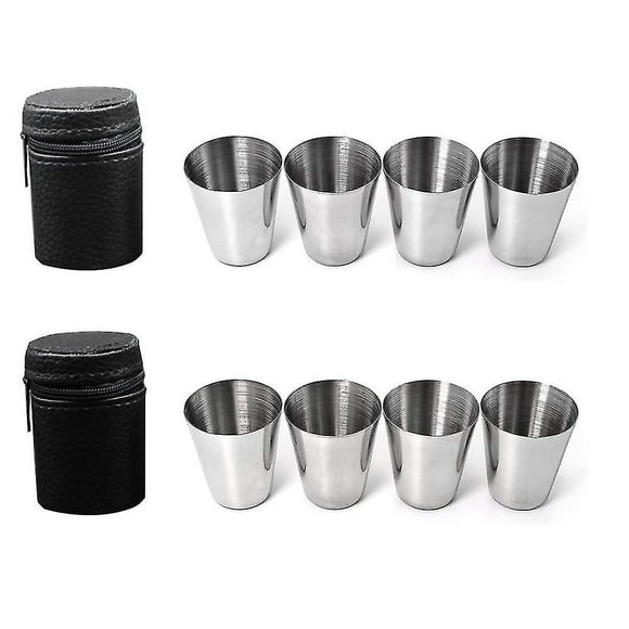 Stainless Steel Cups, Set Of 8 Schnapps Glasses Metal Hip Flask Cups With Leather Bag Shot Glasses