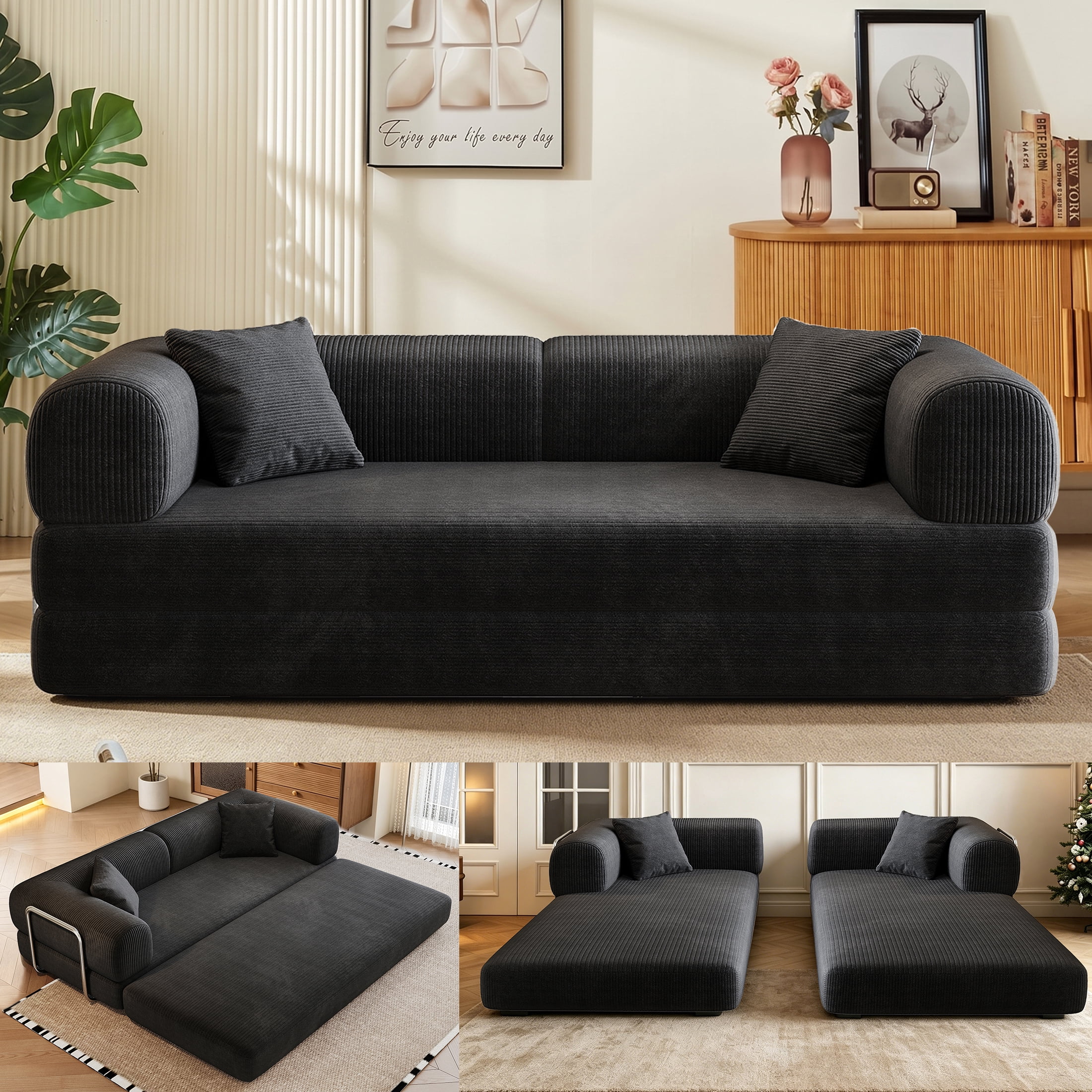 AISWORD Convertible Sleeper Sofa Bed with Cylindrical Pillow, Corduroy Folding Mattress Couch with Fixed-Shape Frame, Floor Sofa Lounge Couch, Black