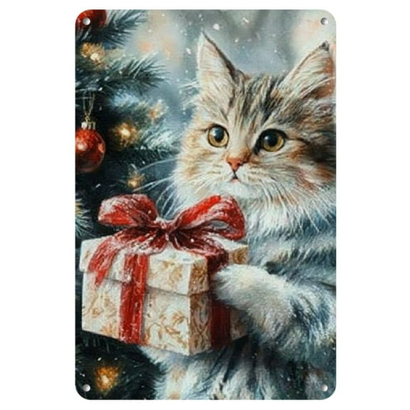 Vintage Metal Cat; Holly Christmas Wall Decor Sign - Reusable 8x12 Inch Tin Art, Wall Hanging, Multipurpose, No Electricity Needed