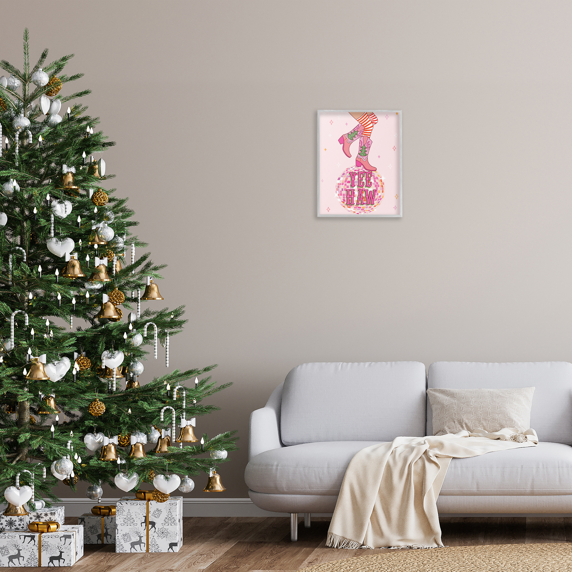 Stupell Industries Yeehaw Christmas Cowboy Holiday Painting Gray Framed Art Prints Wall Art, 16 x 20