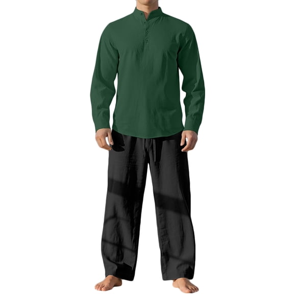 ZVNAΖH Men's Linen 2-Piece Set Band Collar Long Sleeve Shirt & Drawstring Wide Leg Pants Casual Outfit
