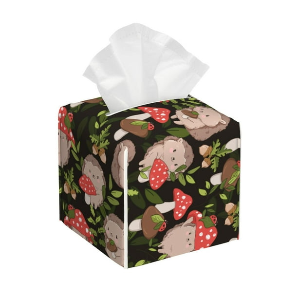 Fotbe Edgehog and Mushrooms Porta Pañuelos Decorativo de Cuero, Caja Cuadrada Moderna para Pañuelos Faciales, Organizador y Dispensador 5x5x5''
