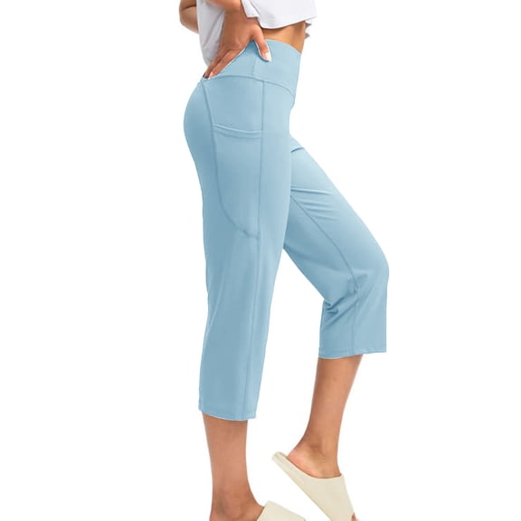 Capri Pants for Women High Waisted Yoga Pants with Pockets - Cropped Workout Leggings for Athletic, Casual Summer Light Blue 2XL