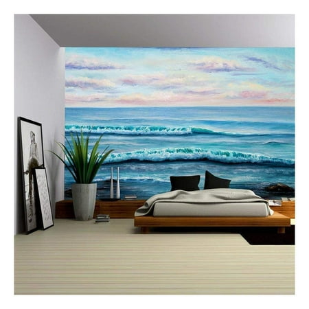 Vintage Original Oil Painting wall26 - Original Oil Painting Showing Ocean or Sea,Shore or Beach on Canvas - Removable Wall Mural | Self-adhesive Large Wallpaper - 100x144 inches ()