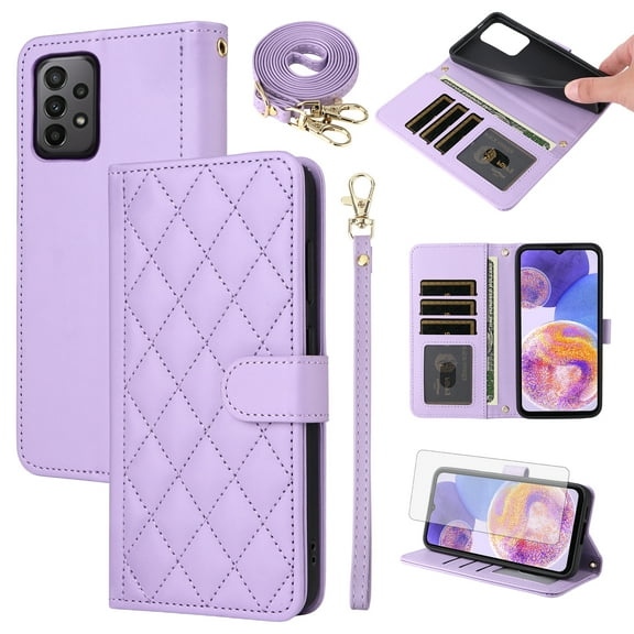 Furiet Argyle Wallet Case for Samsung Galaxy A52/A52S 5G with Tempered Glass Screen Protector Wrist Strap Shoulder Strap, Card Slots Stand Phone Cover for A 52 S 4G G5 52A S52 52S Women Men Purple