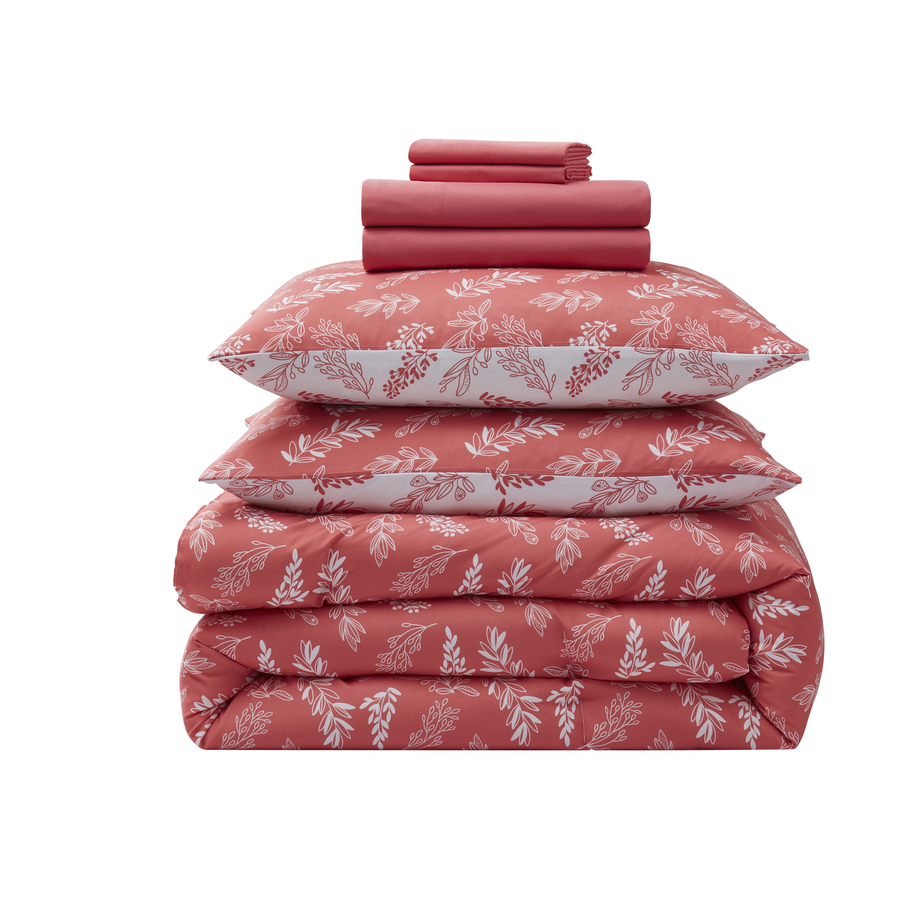 LammaLoe King Size Comforter Set, 7 Piece Botanical Bed in a Bag , Reversible Bedding Comforter Set with Sheets, Modern Bed Set, Flamingo Pink/Cloudstone