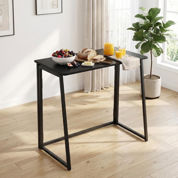 FurnitureR 31.5" Folding Dining Table, Small Space Saving Desk, No Assembly Required, Sturdy Metal Frame for Kitchen, Apartment, Home Office, Black