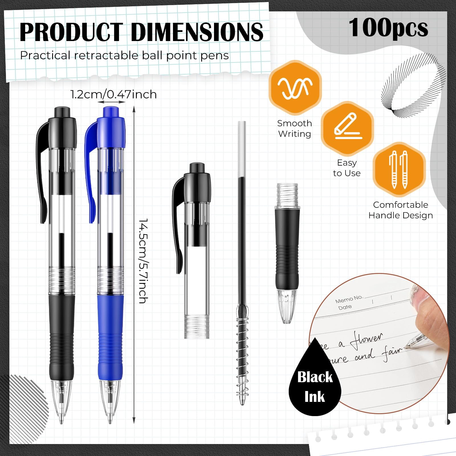 100 Gel Ink Pens Retractable Ballpoint Medium Point 1.0 Mm Smooth Writing Click For Journal Office Home(black And Blue Ink)