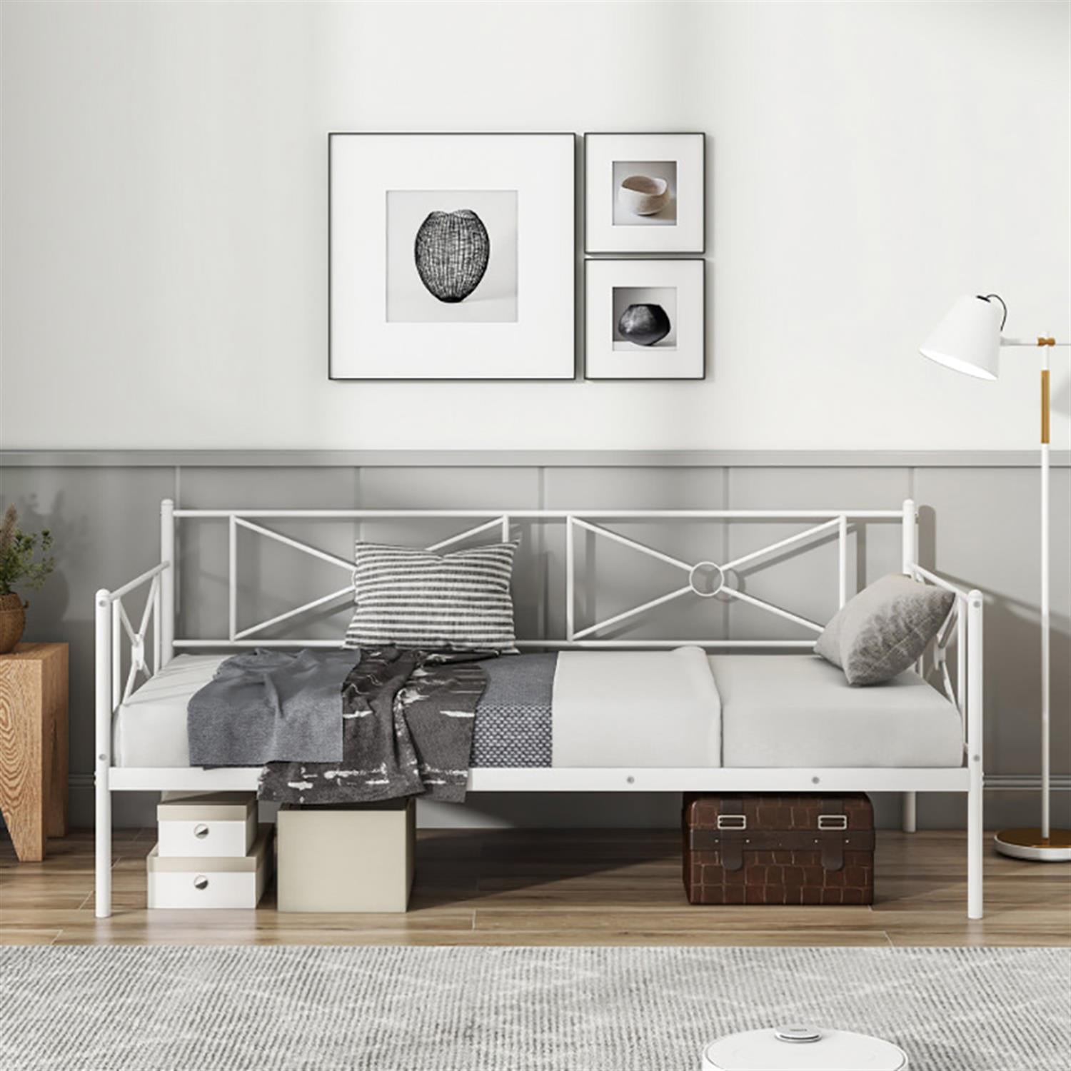 Demi Bonn Metal Daybed Twin Bed Frame Stable Steel Slats Sofa Bed, Modern Bed Frame for Teens, White