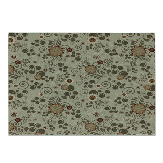 Grunge Cutting Board, Floral Pattern with Fantasy Elements Swirls Curves and Dots Retro Colors, Decorative Tempered Glass Cutting and Serving Board, Small Size, Tan Redwood Pale Brown, by Ambesonne