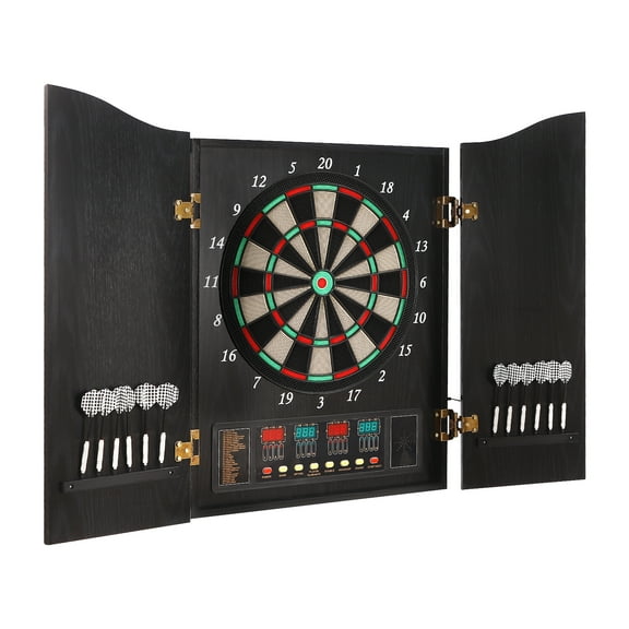 Modern Electronic Dart Board with Cabinet,27 Games and 12 Darts Scoreboard Set for Adults Black