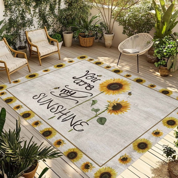 Sunflowers Outdoor Rug for Patio/Deck/Porch, Non-Slip Large Area Rug 5 x 7 Ft, Vintage Bee You Are My Sunshine Retro Indoor Outdoor Rugs Washable Area Rugs, Reversible Camping Rug Carpet Runner