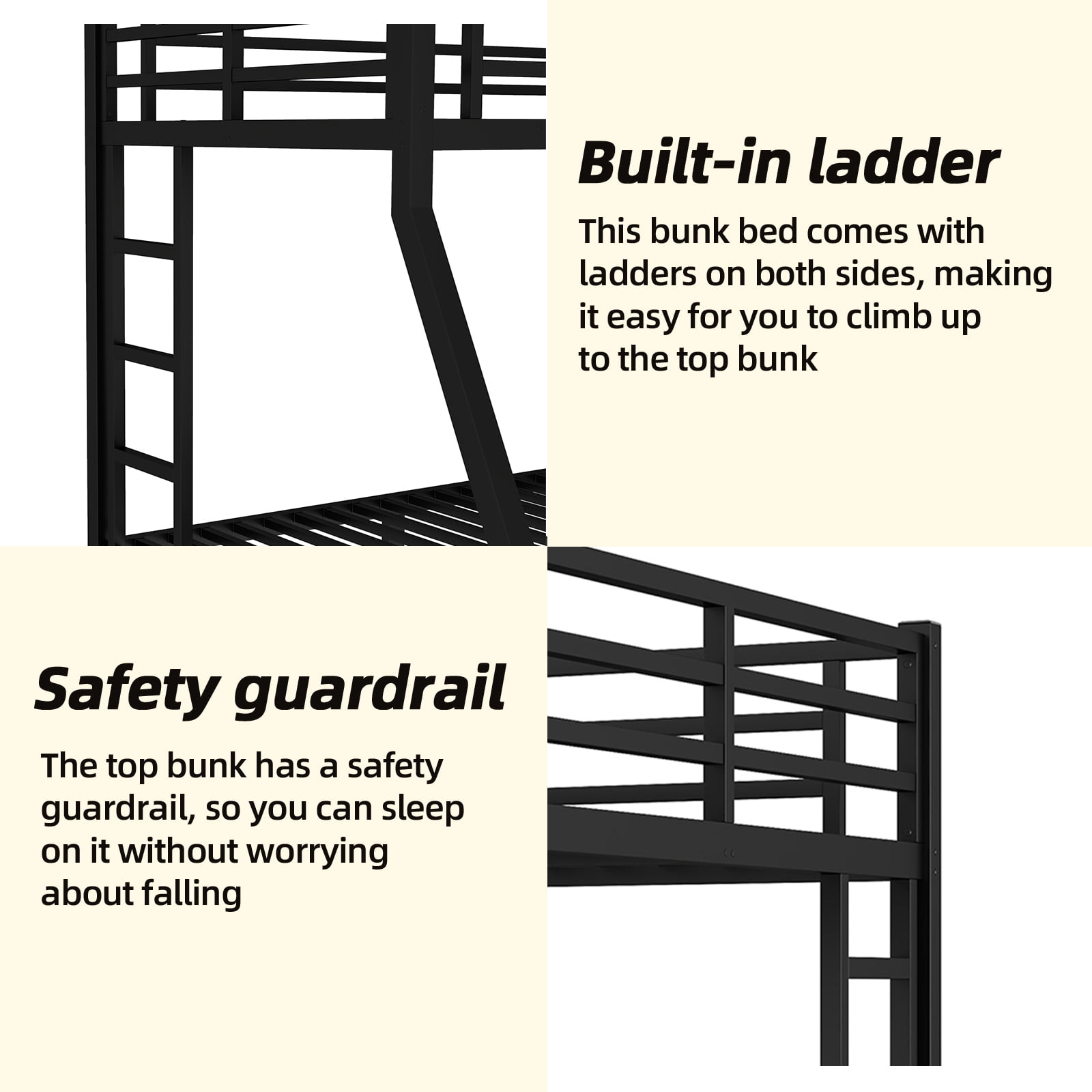 Miniyam Twin over Full Metal Bunk Bed with Guardrail, Dual Ladders, Quiet Slat Support, Under-Bed Storage, Black