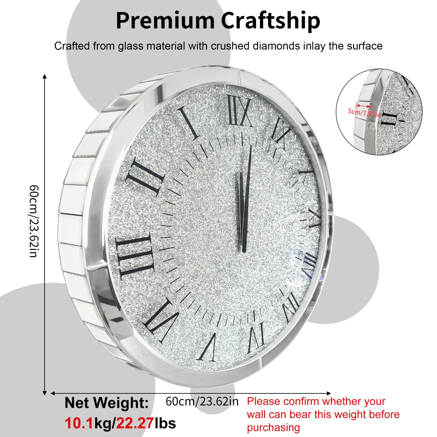 LUVODI 23.62x23.62 inch Crushed Diamond Wall Clock Crystal Twinkle Wall Hanging Clocks with Silver Bevels Edging