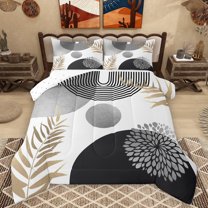Homewish Dahlia Flower Leaf Full Size Comforter Sets,Abstract Geometric Circle Stripe Bedding Comforter Set,White Black Gold Bedding Sets For Adult,Luxury Bedroom Decor Reversible,3pcs