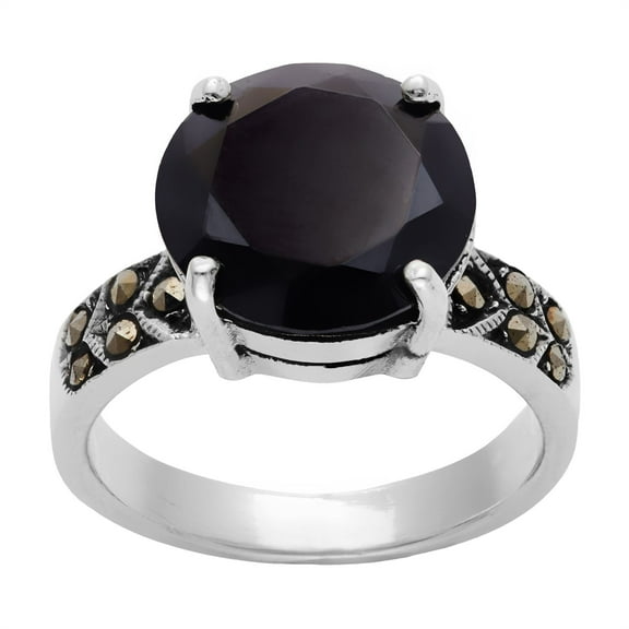 Silver Women's 925 Sterling Silver Oxidized Simulated Marcasite Black Cubic Zirconia Round Cut Ring
