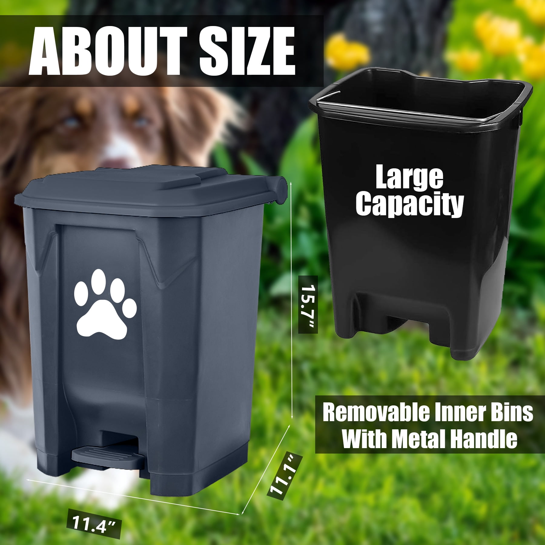 Dog Poop Trash Can Outdoors Pet Waste Station with Lid:15L Plastic Dog Poop Disposal Container with Removable Inner Bin Bucket Foot Pedal Type Garden Yard Home with 5Rolls Waste Bags, Grey