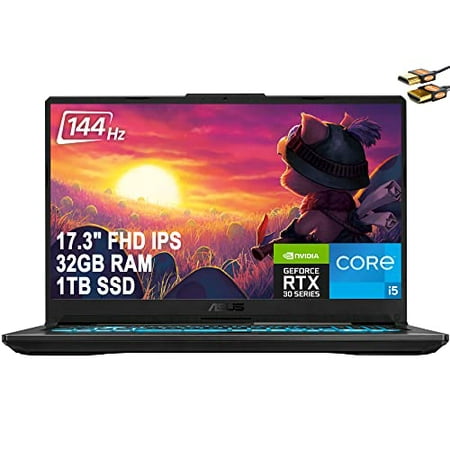 ASUS TUF Gaming F17 Laptop 17.3" FHD 144Hz IPS Display 11th Gen Intel 6-Core i5-11260H (Beats i7-8850H) 32GB RAM 1TB SSD GeForce RTX 3050 4GB RGB Backlit Keyboard USB-C Win10 + HDMI Cable