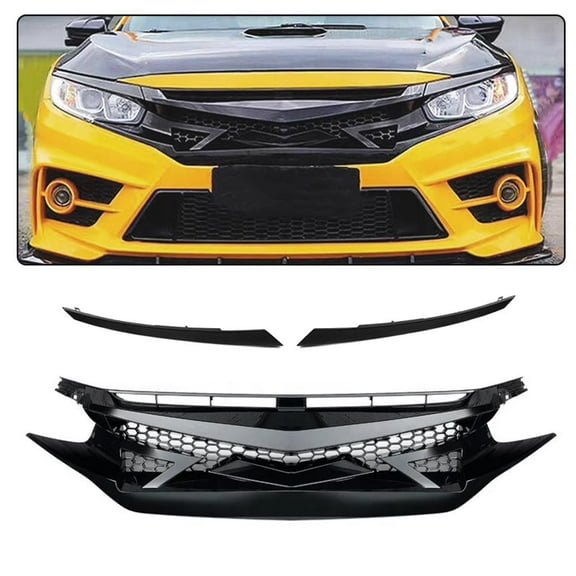 PIT66 Front Bumper Hood Grill Mesh Grille   Hood Bumper Nose Trim Cover, Fit for 2016-2018 Honda Civic Sedan 10th Gen Glossy Black JDM Battle Style