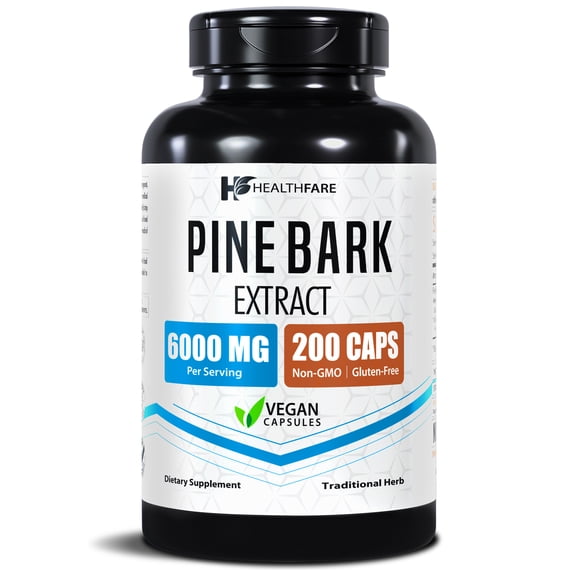 HealthFare Pine Bark Extract 6000mg French Maritime | 200 Vegan Capsules | Standardized 95% OPC Proanthocyanidins | Antioxidant Herbal Supplement | Non-GMO, Gluten-Free | Made in USA