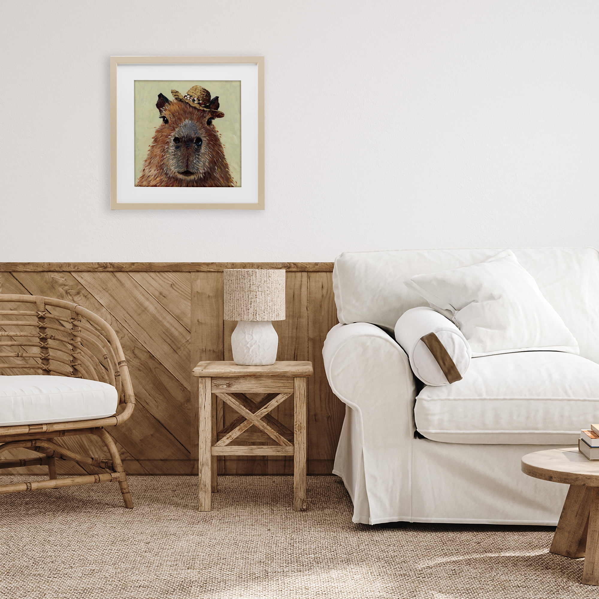 Stupell Industries Capybara with Straw Hat Birch Framed Print Under Glass, design by Studio Bautista