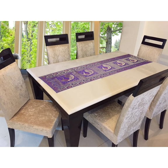 Stylo Culture Indian Dining Room Table Runner Purple Gold Peacock Floral Brocade Jacquard Rectangle Home Decor Ethnic Center Table Cloth | 60x16 Inches ( 152 x 40 cm)