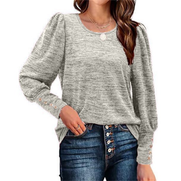 Camiseta básica suave de manga larga con botones para mujer, camiseta lisa informal con cuello redondo, Tops sencillos holgados para mujer, ropa de calle 2022