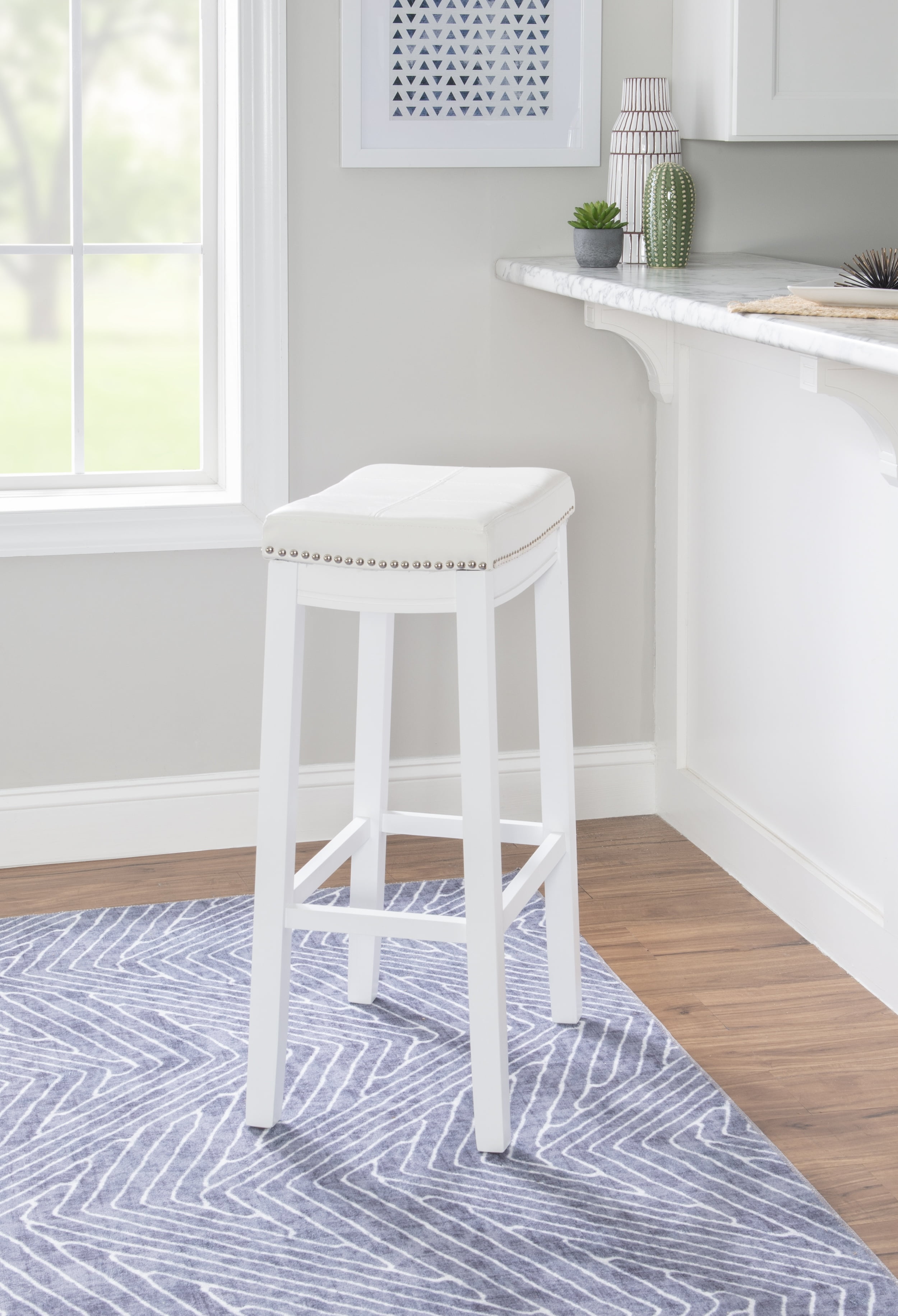 Linon Claridge 32" Backless Wood Bar Stool, White/White Faux Leather, Includes 1 Stool