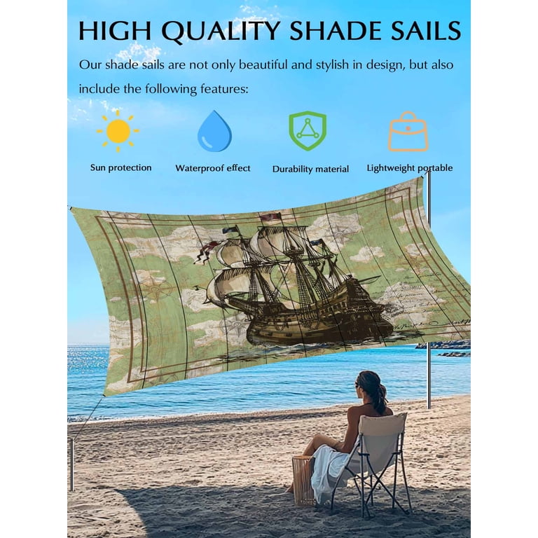 Sailboat Sun Shade Sail 6.5'X10' Vintage Boat Green Map Texture