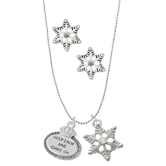 Delight Jewelry Silvertone Keep Calm and Chive On Silver tone Snowflake Charm Necklace and Stud Earrings