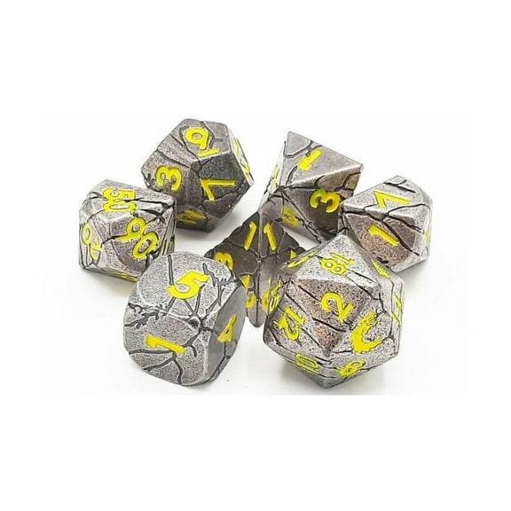 Old School Dice & Accessories Orc Forged Poly Set - Ancient Silver w/Yellow (7) New