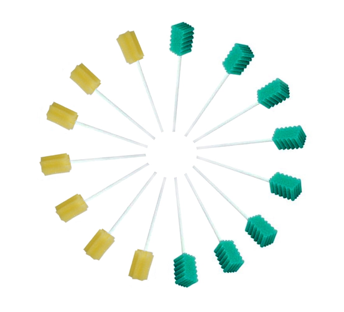 Oral Care Swabs Disposable 100 Pcs Each Individually Wrapped Packing Zigzag Deep Green and Star Shaped Yellow Mixed Two Color Dental Sponge Swabsticks Unflavored for Mouth & Gum Cleaning soft Foam Tip
