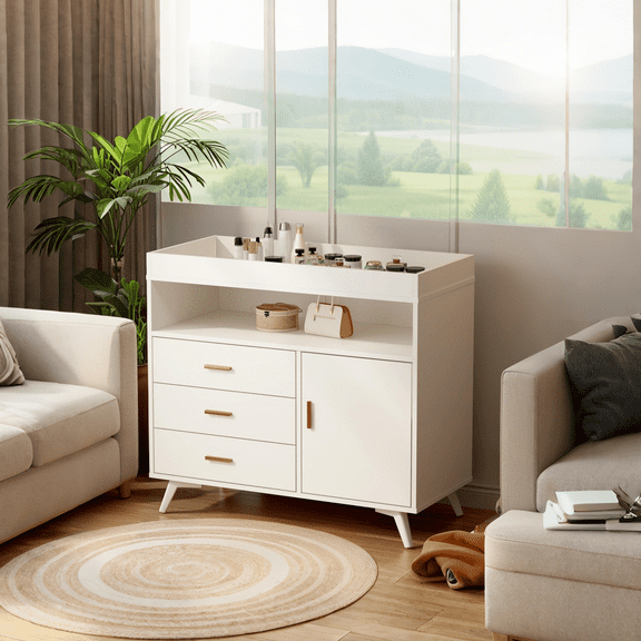 Luku Baby Changing Table Dresser, 3 Drawers, Safety Belt, Wood Nursery Changer with Open Shelf